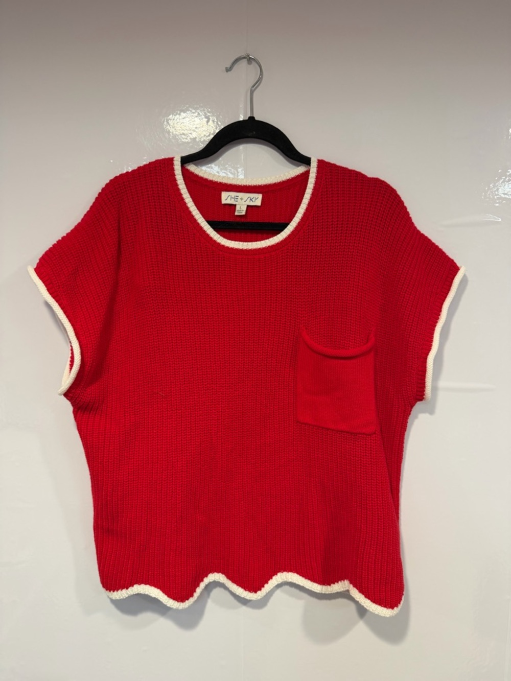 She + Sky Red Knit Top‎ with White Trim
